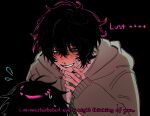  2boys bandage_on_face bandages black_background black_hair blood blush degrees_of_lewdity english_text full-face_blush green_eyes green_hoodie green_necktie highres hood hoodie koinurin kylar_(degrees_of_lewdity) kylar_(male)_(degrees_of_lewdity) long_sleeves looking_at_another male_focus multiple_boys necktie nosebleed player_character_(degrees_of_lewdity) player_character_(male)_(degrees_of_lewdity) red_pupils shirt short_hair simple_background smile solo_focus striped_necktie sweatdrop white_shirt yaoi 