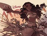  bandeau curly_hair dark_skin disney flower hair_flower hair_ornament kawacy long_hair long_skirt looking_at_viewer midriff moana_(movie) moana_waialiki navel oar outstretched_arm sarong skirt smile solo stomach 