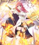  1girl absurdres arch armor armored_boots black_gloves black_skirt black_thighhighs book boots breastplate cape celica_(fire_emblem) choker church commission commissioner_upload dress earrings fingerless_gloves fire fire_emblem fire_emblem_echoes:_shadows_of_valentia gloves highres holding holding_book jewelry kakiko210 long_hair looking_at_viewer magic priestess princess red_eyes red_hair skeb_commission skirt stained_glass temple thighhighs tiara white_armor white_dress window 