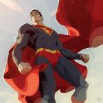  1boy alex_garner belt black_hair blue_bodysuit bodysuit briefs cape clenched_hands dc_comics feet_out_of_frame highres long_sleeves looking_to_the_side male_focus male_underwear muscular muscular_male red_cape short_hair solo superhero_costume superman superman_(series) superman_logo underwear yellow_belt 
