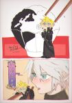  armor asymmetrical_sleeves black_cape black_shoes black_sweater black_vest blonde_hair blue_eyes blush bowl cape chopsticks cloud_strife commentary_request eating final_fantasy final_fantasy_vii final_fantasy_vii_advent_children final_fantasy_vii_ever_crisis food food_in_mouth food_on_face grey_hair highres holding holding_mini_person imminent_vore mini_person miniboy nishimi_zaki pauldrons rice_bowl sephiroth sephiroth_(ever_crisis) shoes short_hair shoulder_armor size_difference slit_pupils spiked_hair sweat sweater teeth time_paradox translation_request upper_teeth_only vest waist_cape wide-eyed 