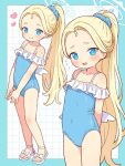  1girl alternate_costume alternate_hairstyle arms_behind_back blonde_hair blue_archive blue_eyes blue_halo blue_one-piece_swimsuit blue_scrunchie blush casual_one-piece_swimsuit closed_mouth collarbone commentary covered_navel flat_chest forehead frilled_one-piece_swimsuit frills hair_ornament hair_scrunchie halo heart long_hair mini_wings multiple_views off-shoulder_one-piece_swimsuit off_shoulder one-piece_swimsuit onyhakase open_mouth ponytail sandals scrunchie smile sora_(blue_archive) swimsuit toes very_long_hair white_wings wings 