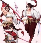  1girl abs absurdres antares_topaz black_hair braid braided_ponytail breasts cleavage collarbone extra_arms extra_eyes gradient_hair hair_between_eyes highres holding holding_sword holding_weapon horns japanese_clothes katana large_breasts long_hair long_sleeves looking_at_viewer multicolored_hair multiple_views muscular muscular_female navel orange_eyes pointy_ears ponytail red_hair sash scorpio_(antares_topaz) sheath simple_background solo star_linker streaked_hair sword two-tone_hair weapon white_background wide_sleeves 