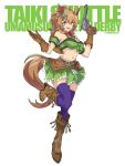  1girl :d absurdres animal_ears bandeau belt blue_eyes boots brown_belt brown_boots brown_hair character_name commentary copyright_name detached_sleeves finger_on_trigger full_body green_skirt gun highres holster horse_ears horse_girl li_li_li_li_jun looking_at_viewer midriff miniskirt navel open_mouth purple_thighhighs revolver short_hair short_sleeves simple_background skirt skirt_set smile solo stomach taiki_shuttle_(umamusume) tail thighhighs umamusume weapon white_background 