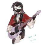  1girl bang_dream! bang_dream!_it&#039;s_mygo!!!!! bass_guitar black_hair black_mask black_vest blue_eyes capelet commentary dated earrings highres holding holding_plectrum instrument jewelry medium_hair plectrum red_capelet simple_background solo symbol-only_commentary timoris_(bang_dream!) tong_(acro826) vest white_background yahata_umiri 