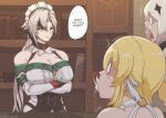  3girls alternate_costume arlecchino_(genshin_impact) black_eyes blonde_hair blurry bookshelf breasts cleavage commentary cosplay crossed_arms depth_of_field detached_sleeves english_commentary english_text genshin_impact indoors katheryne_(genshin_impact) katheryne_(genshin_impact)_(cosplay) large_breasts long_hair long_sleeves looking_at_another low_ponytail lumine_(genshin_impact) multicolored_hair multiple_girls paimon_(genshin_impact) ponytail short_hair_with_long_locks sidelocks speech_bubble surprised two-tone_hair tyrone white_hair 
