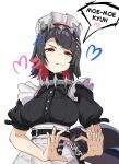  1girl absurdres apron belt black_belt black_dress black_hair breasts colored_inner_hair commentary dress ellen_joe heart heart_hands highres large_breasts maid maid_headdress multicolored_hair piranha_(piranha_arts) puffy_short_sleeves puffy_sleeves red_eyes red_hair short_hair short_sleeves simple_background solo speech_bubble tail upper_body waist_apron white_apron white_background zenless_zone_zero 