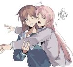  2girls absurdres bang_dream! bang_dream!_it&#039;s_mygo!!!!! blue_shirt blush brown_hair chihaya_anon chinese_commentary closed_eyes commentary_request grey_jacket haneoka_school_uniform highres jacket long_hair long_sleeves multiple_girls nagasaki_soyo one_eye_closed open_mouth pink_hair school_uniform shiba257 shirt simple_background squiggle tsukinomori_school_uniform upper_body watermark weibo_watermark white_background yuri 
