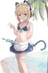 1girl animal_ear_headphones animal_ears apron aqua_bow aqua_bowtie back_bow bare_arms battle_rifle beach black_dress black_tail blonde_hair blue_archive bow bowtie cat_ear_headphones cat_ears cat_tail dress fake_animal_ears fake_tail feet_out_of_frame frilled_dress frills green_eyes green_halo gun h&amp;k_g3 hair_bow halo headphones highres jewelry light_blush light_smile looking_at_viewer maid maid_apron maid_headdress medium_hair midori_(blue_archive) midori_(maid)_(blue_archive) official_alternate_hairstyle parted_bangs ponytail rifle sniper_rifle solo standing tail teren thighlet v weapon white_bow white_headdress 