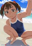  1girl barefoot beach blue_one-piece_swimsuit blue_sky breasts brown_eyes brown_hair cloud day horizon mu-pyon ocean one-piece_swimsuit one-piece_tan original outdoors reaching reaching_towards_viewer sky small_breasts solo squatting swimsuit tan tanlines twintails 