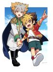  2boys age_difference amanogawa_ginga amanogawa_ryuusei artist_name belt belt_buckle belt_pouch black_boots black_hair blonde_hair blue_jacket blue_shorts blue_sky boots brothers brown_belt brown_eyes buckle child cloud collared_jacket epaulettes full_body green_trim holding_hands jacket jinzou_konchuu_kabutoborg_vxv kuroda_(kuro_yyy) looking_at_another looking_back male_focus multiple_boys open_mouth pants pointing pouch red_jacket red_shoes shirt shoes short_hair shorts siblings signature sky smile sneakers standing walking white_hair white_jacket white_pants white_shirt wristband 