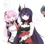  3girls absurdres ahoge black_dress black_shorts blue_eyes breasts chabb_nb commentary_request corset crossed_arms dress elf elysia_(honkai_impact) elysia_(miss_pink_elf)_(honkai_impact) hair_ornament highres honkai_(series) honkai_impact_3rd horns korean_commentary korean_text large_breasts long_hair multiple_girls musical_note pink_hair pointy_ears purple_eyes purple_hair raiden_mei raiden_mei_(herrscher_of_thunder) raven_(honkai_impact) red_eyes red_horns shorts simple_background speech_bubble touching_another&#039;s_horn translation_request very_long_hair white_background white_corset 
