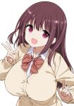  1girl achiga_school_uniform black_thighhighs blazer bow bowtie breasts brown_cardigan brown_jacket brown_shoes buttons cardigan collar hair_bobbles hair_ornament hand_up highres jacket kobayashi_ritz large_breasts long_sleeves matsumi_kuro non-web_source open_mouth pocket purple_eyes red_bow red_bowtie saki_(manga) saki_achiga-hen school_uniform shirt shoes smile solo thighhighs upper_body v white_background white_shirt 