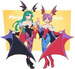  2girls animal_print bat_print black_leotard boots breasts bridal_gauntlets character_name closed_eyes closed_mouth collarbone commentary_request darkstalkers futa_yuri_ryona green_hair head_wings heart high_heel_boots high_heels leotard lilith_(darkstalkers) looking_at_another morrigan_aensland multiple_girls open_mouth pantyhose print_pantyhose purple_hair red_leotard smile solo strapless strapless_leotard wings yellow_eyes 