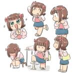  1girl amami_haruka arm_behind_head bag blue_skirt bow brown_hair chibi green_eyes hair_bow idolmaster idolmaster_(classic) idolmaster_1 jacket long_sleeves multiple_views open_clothes open_jacket open_mouth own_hands_together pink_bow pink_jacket pink_shirt shirt short_hair shoulder_bag simple_background sitting skirt smile standing tongue tsubobot white_background 