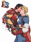  2boys arc_reactor armor avengers_(series) belt black_belt black_hair blonde_hair blue_bodysuit bodysuit captain_america carrying carrying_person closed_eyes collared_shirt cowboy_shot english_commentary facial_hair fingernails french_kiss gloves grey_jacket grey_pants hand_on_another&#039;s_head hand_up helmet highres iron_man jacket kiss lapels long_sleeves male_focus marvel meme multicolored_armor multiple_boys multiple_views muscular muscular_male open_clothes open_jacket pants pocket red_armor red_gloves red_shirt shield shield_on_back shirt short_hair simple_background standing star_(symbol) star_print steve_rogers suit suit_jacket superhero_costume tony_stark upper_body vertical-striped_bodysuit weibo_7899261198 white_background yaoi yellow_armor yoshi_and_toad_kissing_(meme) 