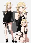 1girl :/ absurdres alternate_costume arms_between_legs black_choker black_dress black_negligee black_shoes blonde_hair blush bright_pupils chain character_doll choker commentary detached_sleeves doll dress dungeon_meshi elf green_eyes highres holding holding_doll kekel kneeling light_frown long_pointy_ears marcille_donato mary_janes multiple_views navel no_socks pointy_ears shoes smile stuffed_toy thigh_strap thighs white_pupils 