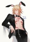  1boy abs alternate_costume animal_ear_hairband animal_ears black_bow black_bowtie black_jacket black_pants blonde_hair bow bowtie braid chest_tattoo commentary cowboy_shot detached_collar facial_tattoo fake_animal_ears gradient_hair hair_between_eyes hairband hand_in_pocket highres honkai:_star_rail honkai_(series) iorighin jacket looking_at_viewer male_focus male_playboy_bunny medium_hair multicolored_hair mydei_(honkai:_star_rail) open_clothes open_jacket pants rabbit_ear_hairband rabbit_ears red_hair red_tattoo side_braid simple_background solo tattoo toned toned_male twitter_username watermark white_background yellow_eyes 