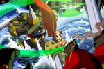  android armor electricity energy_axe fighting green_armor green_helmet helmet light_trail looking_to_the_side mega_man_(series) mega_man_x:_command_mission mega_man_x_(series) nana_(mega_man_x:_command_mission) napo pink_hair robot_girl slashing spiked_armor steel_massimo_(mega_man) swinging_weapon wading water wet 