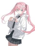  1girl black_necktie black_ribbon blush breasts collared_shirt heart heart_hands highres hood hooded_jacket jacket karyln long_hair looking_at_viewer necktie original pink_hair pleated_skirt ribbon shirt sidelocks skirt small_breasts smile solo standing twintails very_long_hair white_background white_jacket white_ribbon white_shirt 