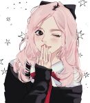  1girl anya_(spy_x_family) anya_(spy_x_family)_(cosplay) b_xbnh black_bow blush bow closed_mouth commentary_request cosplay eunha_(gfriend) gfriend hair_bow highres korean_commentary long_hair long_sleeves one_eye_closed parted_bangs pink_hair pink_lips real_life red_ribbon ribbon smile solo spy_x_family star_(symbol) upper_body very_long_sleeves viviz 