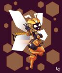 absurd_res antennae_(anatomy) armor arthropod bee beeat_(fuzzycogs) big_butt breasts butt cleavage clothed clothing dark_body dark_skin electronics engine female fuzzycogs glowing hi_res honeycomb hymenopteran insect machine robot solo thick_thighs unconvincing_armor wings yellow_eyes