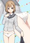  1girl absurdres ass blue_background blunt_ends blush bow bow_panties breasts brown_eyes brown_hair buttons closed_mouth collared_shirt commentary_request commission cowboy_shot crotch_seam dress_shirt embarrassed food-themed_hair_ornament food_print fruit_background fruit_print grey_jacket grey_ribbon grey_sailor_collar grey_skirt hair_ornament hand_up highres holding holding_unworn_clothes holding_unworn_skirt jacket large_variant_set long_sleeves looking_at_viewer medium_hair multiple_views neck_ribbon negimiso1989 no_pants original panties pixiv_commission pleated_skirt print_panties raised_inner_eyebrows ribbon sailor_collar school_uniform serafuku shirt skirt small_breasts standing strawberry_hair_ornament strawberry_panties strawberry_print underwear unworn_skirt variant_set white_panties white_shirt zoom_layer 