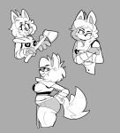 2022 4_fingers absurd_res anthro arm_wraps armor axe big_breasts breastplate breasts butt canid canine clothed clothed_anthro clothed_female clothing cloudidoodles crossed_arms digital_drawing_(artwork) digital_media_(artwork) eye_through_hair eyebrow_through_hair eyebrows eyelashes female female_anthro fingers fox front_view grey_background hair hand_on_hip hi_res holding_axe holding_object mammal monochrome mouth_closed multiple_images narrowed_eyes roxanne_oxley side_view simple_background smile snaggle_tooth solo tail thick_thighs translucent translucent_hair wraps