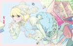  1girl blonde_hair blue_bow blue_bowtie blue_dress blunt_bangs blush bow bowtie chair commentary dilated_pupils doll_house dress empty_eyes english_text expressionless fingerless_gloves frilled_bow frilled_dress frilled_thighhighs frills full_body gloves head_tilt headscarf holding holding_toy juliet_sleeves long_sleeves looking_at_viewer mary_janes medium_hair open_mouth original petticoat pink_eyes pink_shoes plaid_bow plaid_clothes plaid_dress puffy_sleeves rabbit_ear_headwear rabbit_tail red_pupils rios14 shirt shoes sidelocks sitting solo stuffed_animal stuffed_rabbit stuffed_toy sylvanian_families symbol-only_commentary tail thighhighs tongue tongue_out toy white_gloves white_headscarf white_petticoat white_shirt white_tail white_thighhighs wooden_chair 
