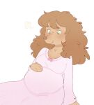 anthro belly bichevanilla bichevanille bird_dog blush breasts canid canine canis clothing cocker_spaniel curly_hair domestic_dog female freckled_breasts freckles green_eyes hair hi_res hunting_dog lola_(muskehounds_fan_character) mammal mommy_kink mother_(lore) nightgown parent_(lore) pregnant pregnant_anthro pregnant_female relaxing satisfied_look sigh solo spaniel