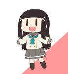  1girl black_eyes black_hair buttons chibi green_neckerchief green_necktie grey_sailor_collar grey_skirt hair_ornament kurosawa_dia loafers long_hair long_sleeves love_live! love_live!_sunshine!! miyako_hito mole neckerchief necktie pleated_skirt red_background sailor_collar school_uniform serafuku shoes simple_background skirt socks solo uranohoshi_school_uniform white_background winter_uniform 