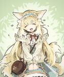  1girl animal_ears arknights basket blonde_hair cardigan closed_eyes fox_ears fox_girl fox_tail frilled_hairband frills hairband highres holding holding_basket long_hair long_sleeves neck_ribbon nugope_(10daikun_osi) official_alternate_costume open_mouth red_ribbon ribbon skirt solo suzuran_(arknights) suzuran_(spring_praise)_(arknights) tail 