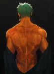  1boy back back_tattoo black_background black_shirt commentary earrings enchannw english_commentary from_behind green_hair highres jewelry male_focus one_piece piercing roronoa_zoro shirt shirt_partially_removed short_hair simple_background solo tattoo toned toned_male 