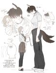  0820_lakia 2girls animal_ears apron blonde_hair brown_apron brown_hair commentary_request dog_ears dog_girl dog_tail hair_over_eyes height_difference highres holding holding_leash korean_commentary korean_text leash licking licking_another&#039;s_face multiple_girls multiple_tails original shirt short_hair simple_background standing tail tongue tongue_out translation_request white_background white_shirt yuri 