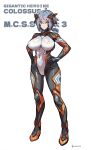 1girl absurdres ahoge artist_name black_bodysuit blue_hair bodysuit breasts cameltoe character_name colossus_(natsukaze_shigure) covered_navel covered_nipples english_text full_body giant giantess green_eyes hair_between_eyes hands_on_own_hips hexagon_print highres impossible_bodysuit impossible_clothes large_breasts looking_at_viewer magical_girl multicolored_bodysuit natsukaze_shigure original science_fiction short_hair simple_background skin_tight solo standing white_background 