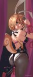  1girl :q absurdres alternate_costume animal_ear_fluff animal_ears arm_strap ass ayunda_risu backless_leotard black_leotard black_pantyhose black_ribbon black_shoes bow breasts brown_hair card commentary detached_collar english_commentary fake_animal_ears fingernails green_eyes hair_ornament hair_ribbon hairband high_heels highres holding holding_card hololive hololive_indonesia kyoraku_(weng3133) large_breasts leotard looking_at_viewer nail_polish pantyhose pink_bow pink_nails playboy_bunny playing_card pole pumps rabbit_ears rabbit_hole_(vocaloid) ribbon shoe_soles shoes solo squirrel_ears squirrel_girl squirrel_tail standing standing_on_one_leg stripper_pole tail teardrop_facial_mark tongue tongue_out turning_head twitter_username virtual_youtuber waist_bow white_hairband x_hair_ornament 