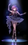  1girl absurdres alternate_costume arm_up armpits ballerina ballet ballet_slippers bare_shoulders black_background black_dress black_feathers breasts brown_pantyhose cleavage closed_mouth dancer dress dress_flower earrings elbow_gloves feathers floating_hair flower full_body gloves hair_between_eyes hair_flower hair_ornament hand_up highres honkai:_star_rail honkai_(series) jewelry kafka_(honkai:_star_rail) long_hair looking_at_viewer multiple_rings necklace no_pupils pantyhose purple_eyes purple_flower purple_gloves purple_hair reflection ring simple_background solo yolanda 