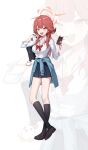  1girl absurdres alternate_costume aru_(blue_archive) bag black_socks blue_archive bow bowtie brown_shoes cellphone collared_shirt commentary demon_horns full_body halo highres holding holding_bag holding_phone horns kneehighs loafers long_hair long_sleeves looking_at_viewer okkimon open_mouth phone red_bow red_bowtie red_hair school_bag shirt shirt_tucked_in shoes simple_background skirt smartphone smile socks standing teeth upper_teeth_only v-shaped_eyebrows white_background white_shirt zoom_layer 