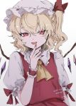 1girl ascot blonde_hair blush crystal_wings dated fangs fingernails flandre_day flandre_scarlet gradient_background hand_up hat hat_ribbon highres long_fingernails looking_at_viewer mob_cap open_mouth plumapple3 puffy_sleeves red_nails red_ribbon red_vest ribbon short_hair side_ponytail signature smile solo touhou twitter_username upper_body vest yellow_ascot 