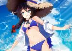  bikini black_ribbon blue_bikini blue_sky braid breasts brown_hat cloud collared_shirt commentary_request cowboy_shot dress_shirt front-tie_bikini_top front-tie_top hair_flaps hair_over_shoulder hat highres ichigomaru_d kantai_collection medium_breasts neck_ribbon open_clothes open_shirt outstretched_arms ribbon shigure_(kancolle) shigure_kai_san_(kancolle) shigure_kai_san_(swimsuit)_(kancolle) shirt side-tie_bikini_bottom single_braid sky smile sparkle sun_hat swimsuit white_shirt 