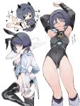  1girl animal_ear_hairband animal_ears animalization aqua_eyes armor arms_at_sides arms_up ass_visible_through_thighs barefoot black_bridal_gauntlets black_hair black_hairband black_horns black_leggings black_leotard black_panties black_tail black_thighhighs blunt_ends breasts bridal_gauntlets butt_crack cigarette coattails demon_horns demon_tail eyeliner eyeshadow fake_animal_ears fake_tail genderswap genderswap_(mtf) genshin_impact gloves hairband half_gloves highleg highleg_leotard highres horns jacket japanese_armor kingyo_(nyankomanjyuu15) kote kurokote leggings leotard looking_at_viewer looking_back looking_down makeup medium_breasts multiple_views open_clothes open_jacket open_mouth panties person_and_animalization purple_rope rabbit_ears red_eyeliner red_eyeshadow rope scaramouche_(cat)_(genshin_impact) scaramouche_(genshin_impact) sideboob smoke smoking stuffed_animal stuffed_toy suit_jacket tail tally thighhighs tongue tongue_out tsurime turning_head underwear uneven_eyes wanderer_(genshin_impact) white_background white_gloves white_jacket white_thighhighs wispy_bangs 