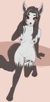 anthro biped black_body black_fur black_hair black_nipples black_tail breasts female front_view fur generation_3_pokemon genitals grey_body grey_fur hair hi_res looking_at_viewer mightyena nintendo nipples nude nude_female pokemon pokemon_(species) red_eyes smile solo soupbag tail vulva