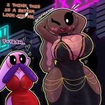 1:1 2024 anthro artist_name big_breasts biped black_clothing black_sclera blush bodily_fluids breasts brown_body building cinnamon_(oxyoxyoxyox) cleavage clothed clothing crescent_moon dialogue digital_drawing_(artwork) digital_media_(artwork) duo emanata english_text eyelashes facial_markings female floppy_ears front_view fully_clothed gloves hands_behind_head handwear head_markings heart_mouth heart_symbol hi_res hollow_hip_backless_chain_dress lagomorph leporid long_ears looking_at_another lop_ears mammal markings marshmallow_(oxyoxyoxyox) monotone_body moon motion_lines night one_eye_closed outline outside oxyoxyoxyox pink_body rabbit red_clothing side_boob standing sweat text thick_thighs white_eyes wide_hips