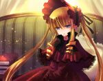  1girl bad_id bad_pixiv_id blonde_hair blue_eyes bonnet dress frills gothic_lolita lolita_fashion long_hair long_sleeves red_dress rozen_maiden shinku solo twintails yukika 