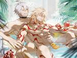  2boys abs antenna_hair arm_tattoo armlet bathtub black_choker blonde_hair braid chest_tattoo choker closed_eyes commentary cup drinking_glass earrings english_commentary facial_tattoo food fruit gold_earrings gold_necklace gradient_hair hair_between_eyes highres honkai:_star_rail honkai_(series) jewelry leg_tattoo male_focus medium_hair multicolored_hair multiple_boys muscular muscular_male mydei_(honkai:_star_rail) necklace nude parted_bangs partially_submerged phainon_(honkai:_star_rail) pomegranate red_hair red_tattoo rubber_duck shared_bathing short_hair side_braid tattoo toriumu164 wet wet_hair white_hair yaoi 