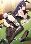  1girl animal_ears bare_back bare_shoulders black_leotard black_thighhighs cosplay fake_animal_ears fake_tail feet high_heels highleg highleg_leotard highres izayoi_arisa izayoi_arisa_(cosplay) kitagawa_marin leotard long_hair looking_at_viewer panties playboy_bunny rabbit_ears rabbit_tail soles sono_bisque_doll_wa_koi_wo_suru strapless strapless_leotard tail thighhighs underwear wrist_cuffs zaregoto_tsukai_no_deshi 