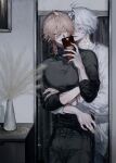 2boys absurdres alternate_costume antenna_hair black_pants black_sweater blonde_hair braid casual cellphone closed_eyes commentary facial_tattoo gradient_hair hair_between_eyes highres holding holding_phone honkai:_star_rail honkai_(series) hug hug_from_behind male_focus medium_hair mirror_selfie multicolored_hair multiple_boys mydei_(honkai:_star_rail) neck_tattoo pants parted_bangs phainon_(honkai:_star_rail) phone red_hair red_tattoo selfie short_hair side_braid smartphone sun_symbol sun_tattoo sunset_1830 sweater tattoo white_hair white_sweater yaoi 
