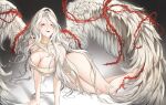  1girl absurdres angel angel_wings arm_support armpit_crease arucoro bare_shoulders barefoot black_background breasts cleavage collarbone colored_eyelashes curvy full_body hair_between_eyes hand_on_ground highres hood large_breasts last_origin light_particles long_hair looking_ahead looking_at_viewer lying on_side open_mouth parted_bangs parted_lips ramiel_(last_origin) revealing_clothes ribbon ribbon_as_bra shadow solo teeth thick_eyelashes thorns torn_clothes torn_ribbon underboob upper_teeth_only very_long_hair wavy_hair white_eyelashes white_hair white_ribbon wings 