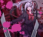  1girl @_@ absurdres black_hair black_serafuku blood blood_splatter bow boxcutter chouzetsusaikawa_tenshi-chan commentary_request cross grey_background grey_hair highres huanhuan0920 long_hair mixed-language_commentary multicolored_hair needy_girl_overdose open_mouth pink_blood red_background red_bow red_hair red_sailor_collar sailor_collar school_uniform serafuku smile twintails 