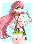  1girl akashi_(kancolle) akashi_(swimsuit)_(kancolle) apron ass bikini blunt_tresses brown_apron from_behind gradient_bikini green_bikini green_eyes hair_ribbon halterneck hand_on_own_hip highres holding holding_wrench kantai_collection long_hair looking_at_viewer looking_back nearly_naked_apron noba_(ne83ko61) one-hour_drawing_challenge pink_hair ribbon side-tie_bikini_bottom solo string_bikini swimsuit tress_ribbon wrench 